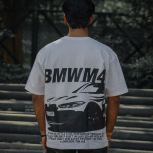 BNGRBL BMW M4 Sports White Oversized T-Shirt featuring a large BMW M4 sports car graphic print on the back, oversized streetwear fit, white premium cotton tee.